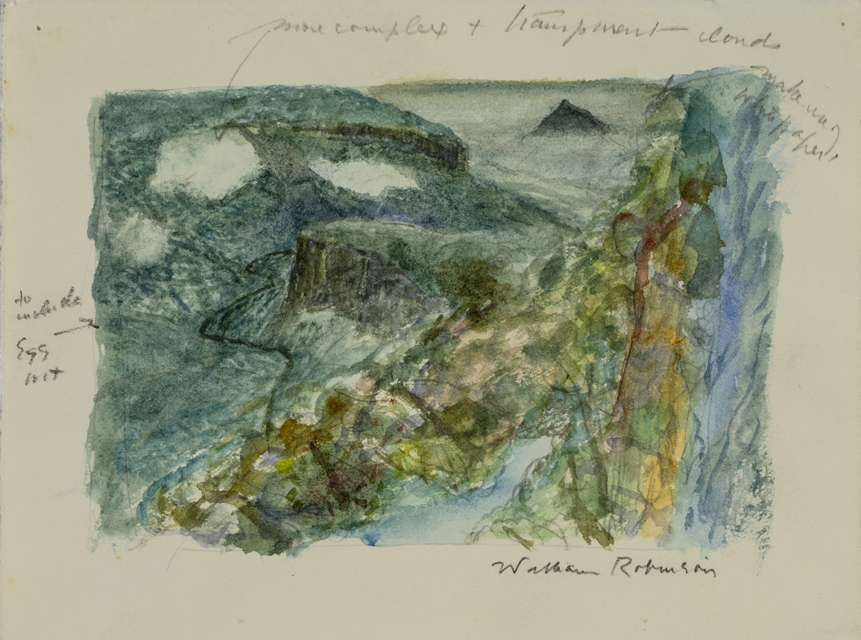 Watercolour sketch of a mountainous landscape