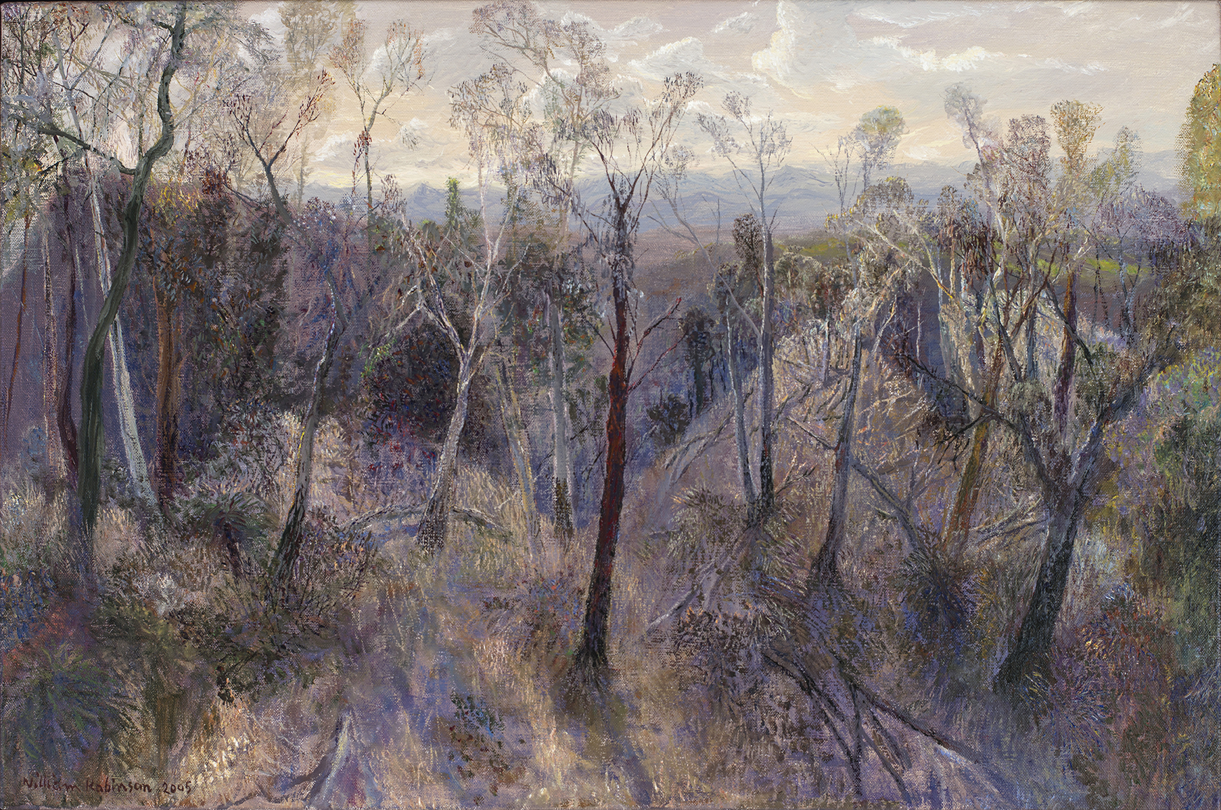 A landscape painting of gum trees on a hillside
