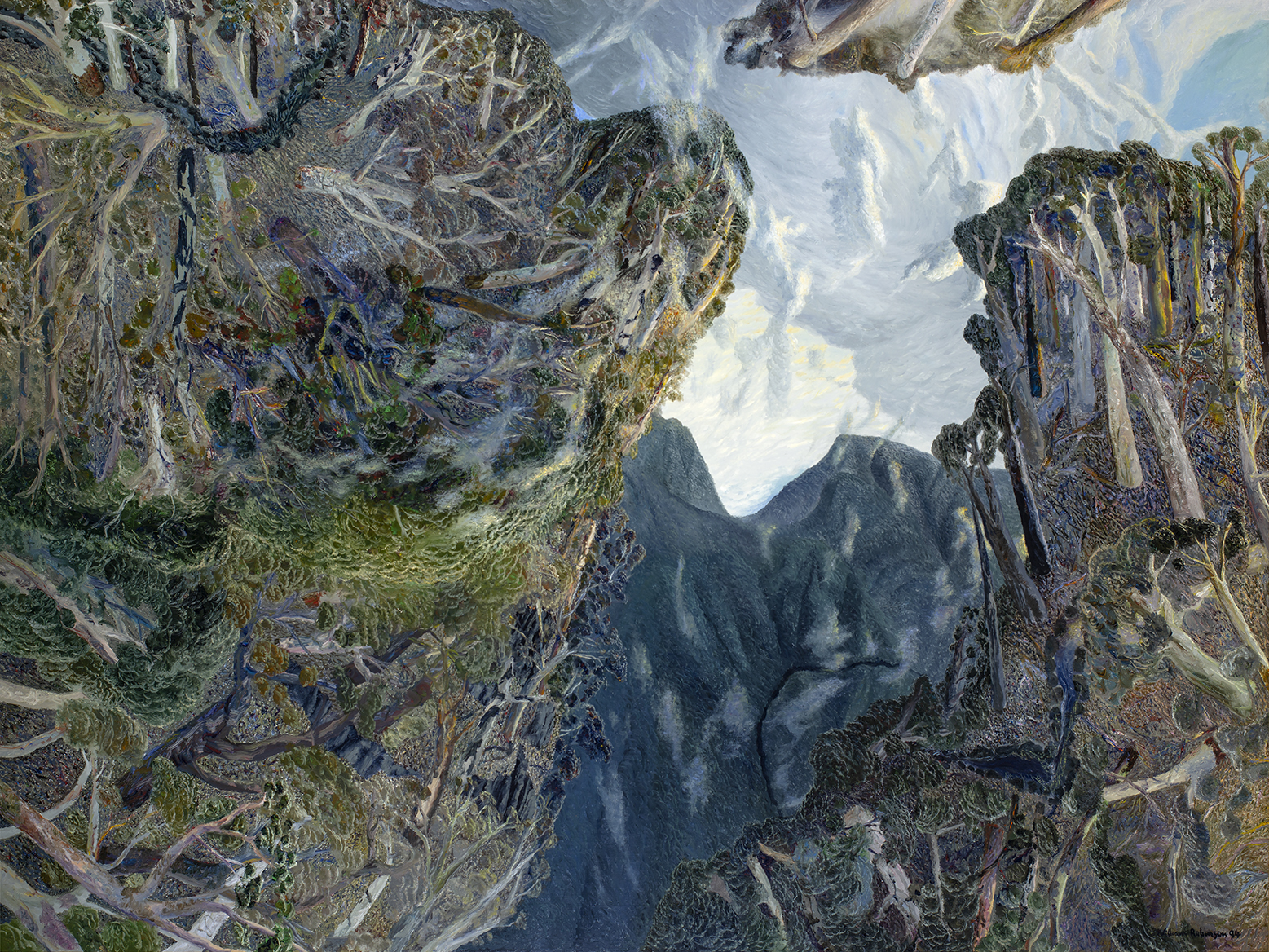 Oil painting of a hilly landscape and clouds