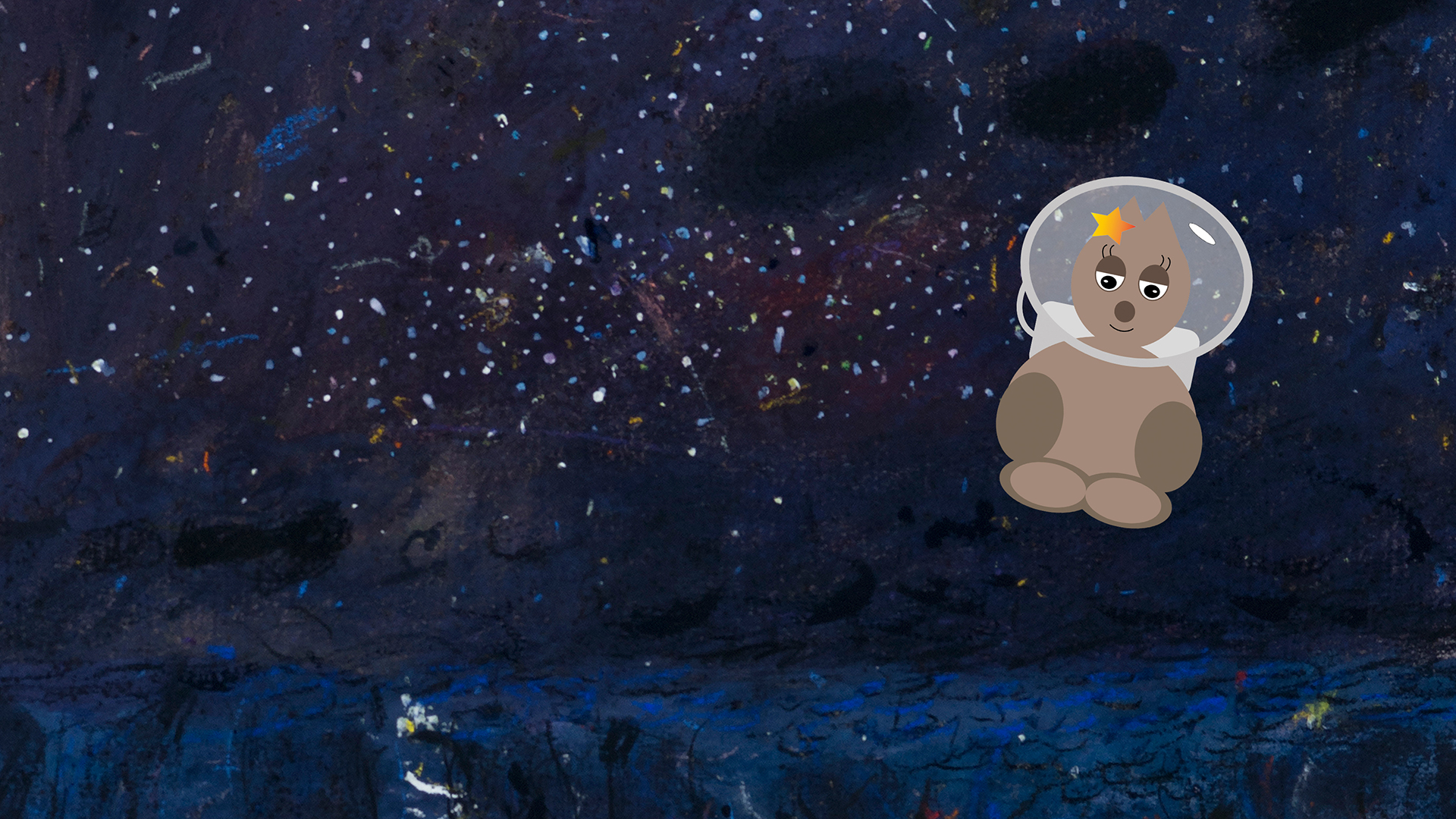Illustration of a starry night sky with a pademelon dressed as an astronaut floating in space on the right