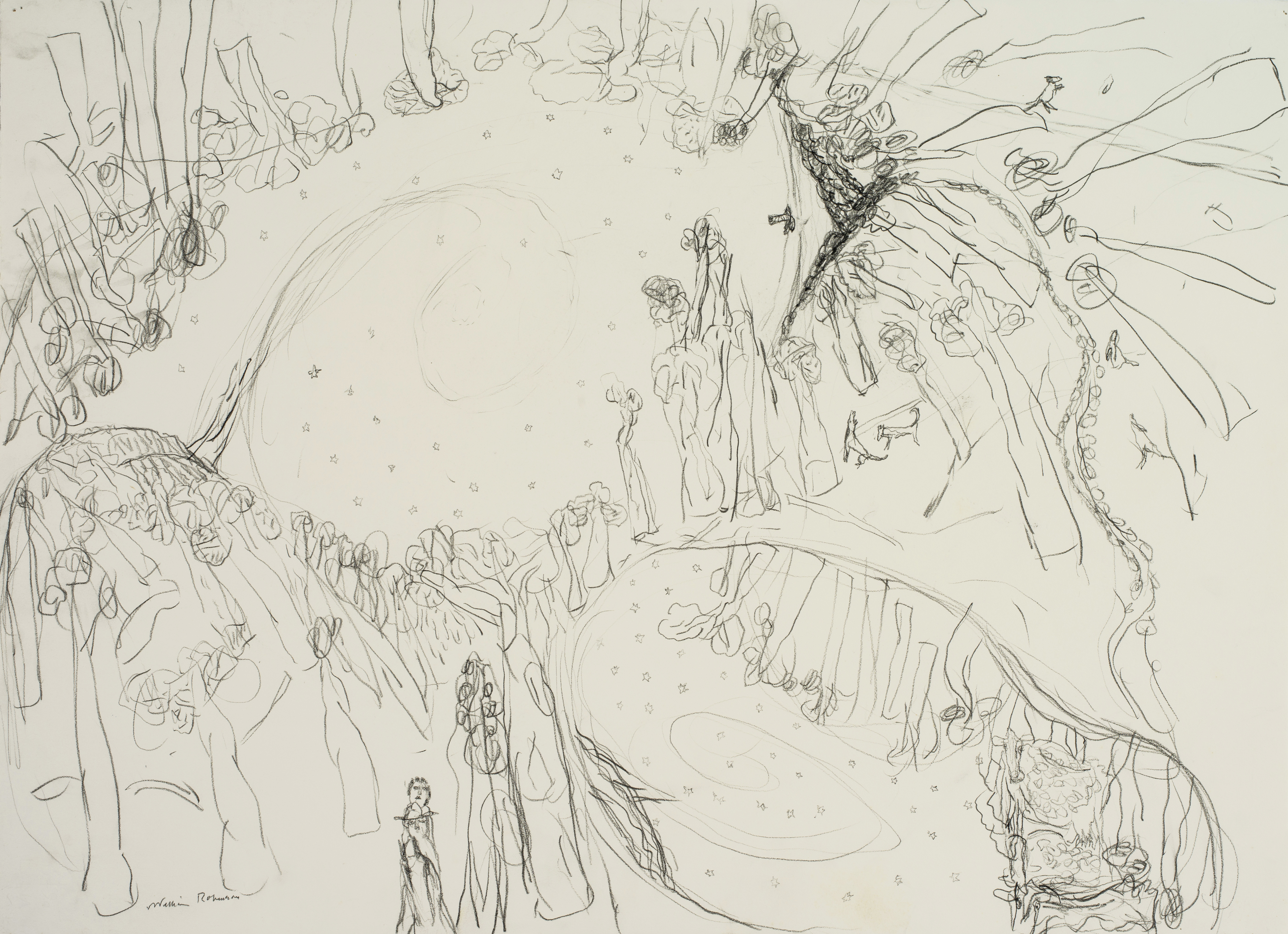 A drawing of a landscape in pencil of a curving hillside, a lake reflecting the starry sky above, and a man and woman.