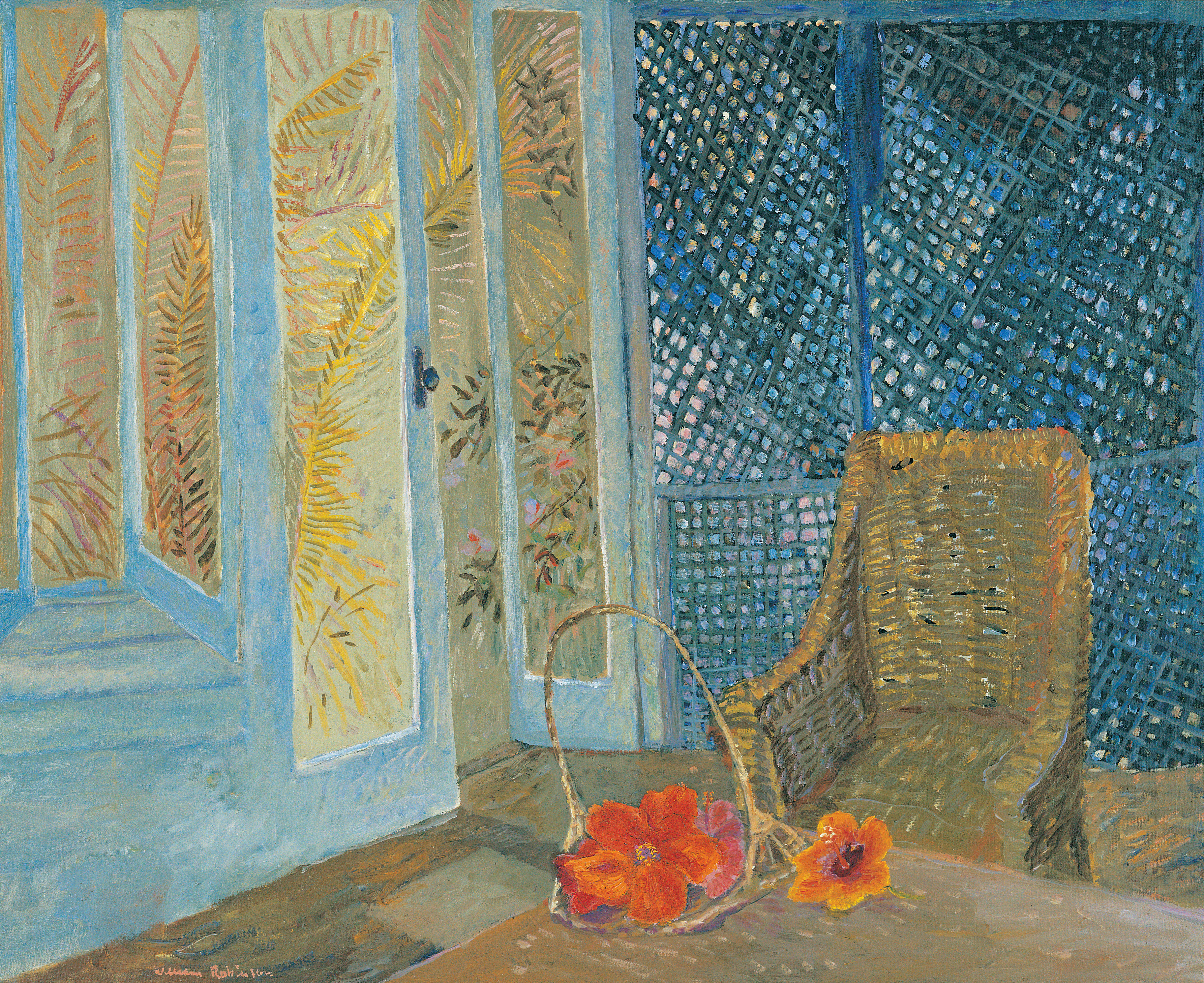Oil painting of cane chair and table on a lattice-enclosed verandah overlooking a garden