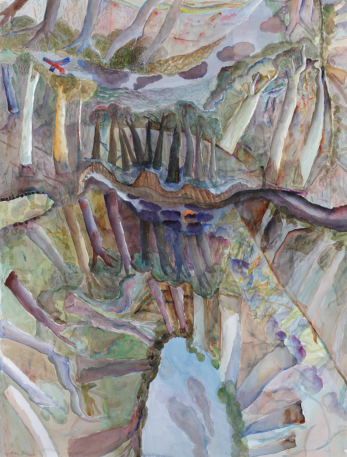 A watercolour landscape painting in portrait orientation featuring trees, rivers and a lake.